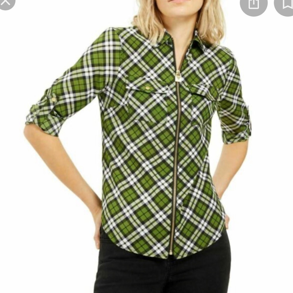 Michael Kors Green Plaid Zipper Blouse